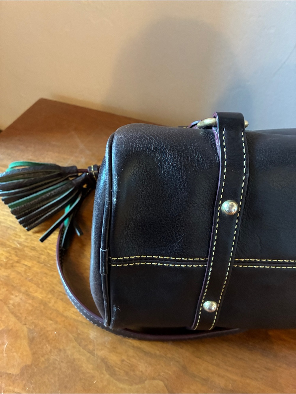 Dooney & Bourke Dark Brown Leather crossbody Satchel with Maroon Accent - Picture 6 of 7